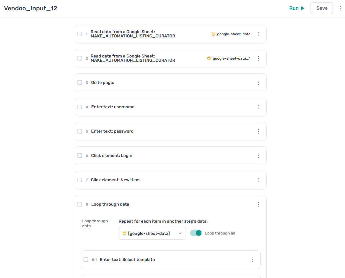 The beginning portion of the Axiom.Ai workflow, which reads the data created by the automation and inputs it, along with product photos, directly into Vendoo. All the human has to do is click "Run"