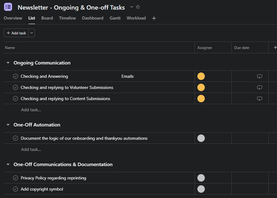 One of the layouts for a very simple task manager for the newsletter. This was later scrapped due to other demands the team had, but proved useful for the trial period.