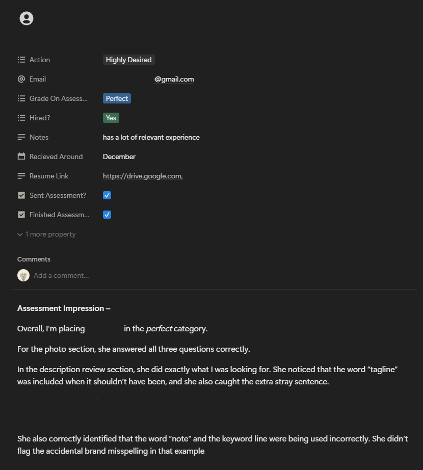 Each applicant has further notes within their profile and any emails sent